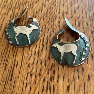 EAR CUFF EARRINGS. TURQUOISE COLOR ENAMEL AND SILVER DEER AND ACCENT FLOWERS. 2”